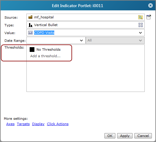 Edit indicator portlet dialog box, showing the location of the thresholds box and the add a threshold option. 