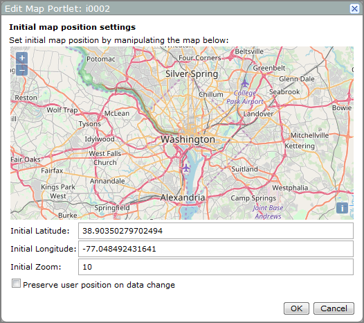 Edit map portlet, initial map position settings dialog box.