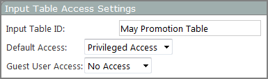 Example of an input table access settings dialog box showing default access settings.