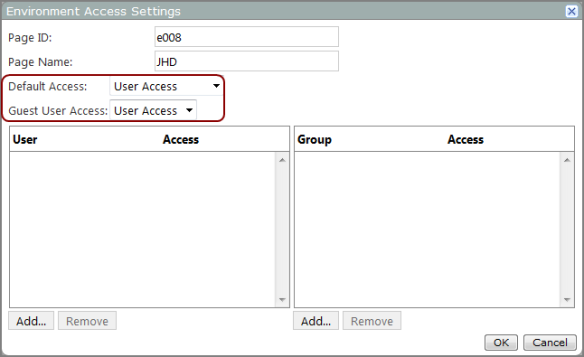 Environment Access Settings dialog box.