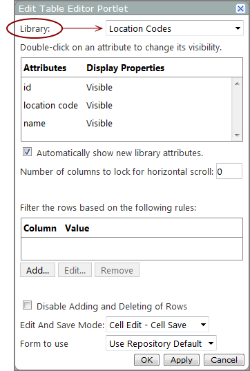 Edit table editor portlet dialog box.