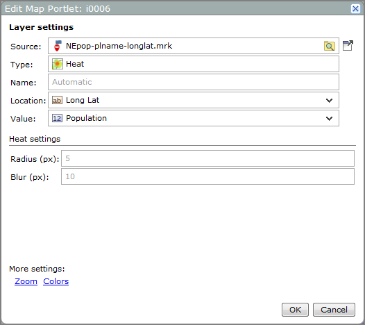 Edit map portlet, layer settings for a heat map.