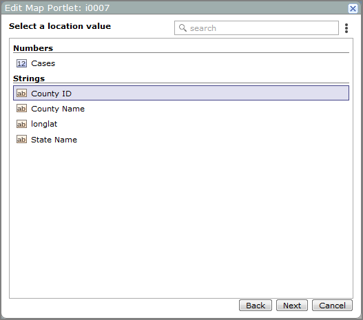 Edit map portlet, select a location value dialog box.