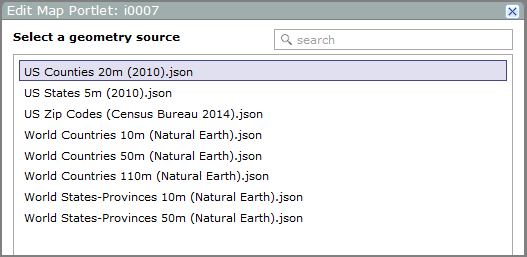 Edit map portlet, select a geometry source dialog box.