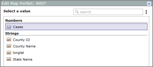 Edit map portlet, select a value dialog box.