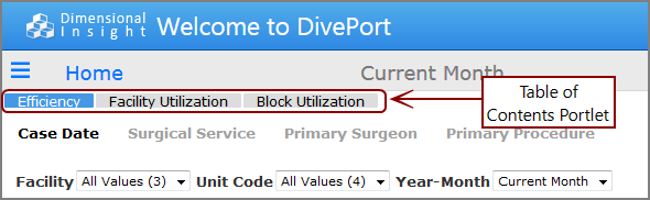 DivePort page showing a table of contents portlet.