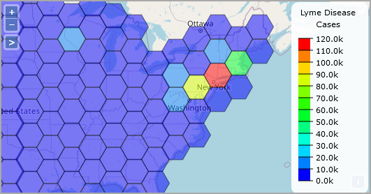 Wider view of the Hexbin map showing Lyme disease consentration