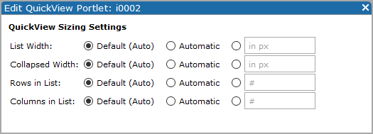 QuickView Sizing Settings