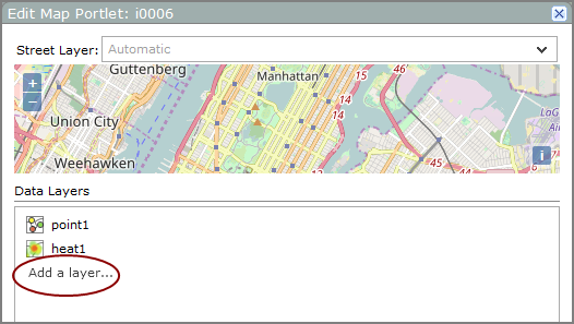 Edit map portlet, street layer dialog box showing the location of the add a  layer option.