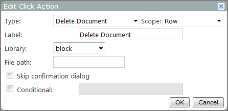 Edit click action, delete document dialog box.