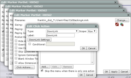 An Edit Click Actions dialog box whose type is set to DownLink over a Click Actions dialog box and four tiled Edit Marker Portlet dialog boxes.