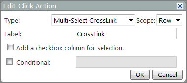 Edit Click Action dialog box showing Multi-Select CrossLink options.