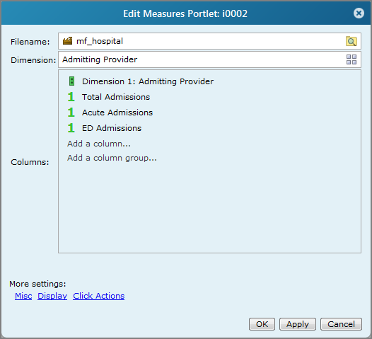 An example of the Edit Measures Portlet page showing selected columns.