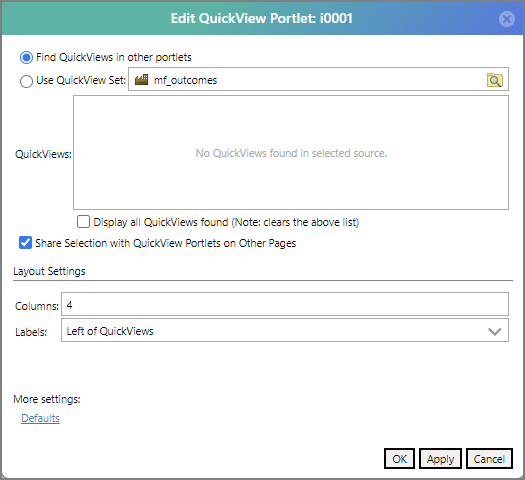 The Edit QuickView Portlet dialog box in My Library.