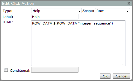 An Edit Click Action dialog box with Type set to Help.