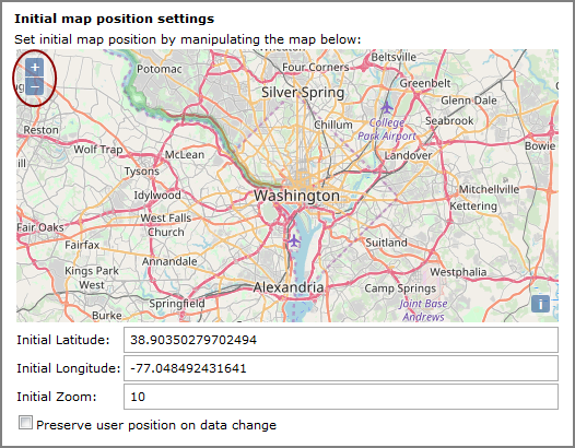 Edit map portlet, initial map position settings dialog box.