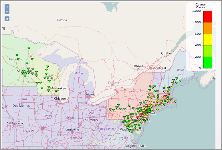 Multilayer boundary point map showing state population and number of known Lyme disease cases.