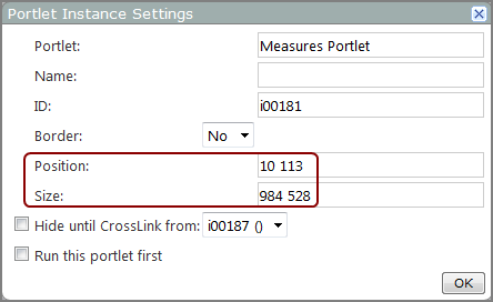 Portlet settings dialog box showing the location of the position and size options.