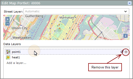 Edit map portlet, street layer dialog box showing the location of the remove this layer icon.