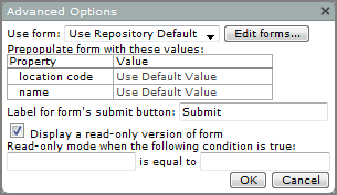 An example of an edit form, advanced options dialog box.