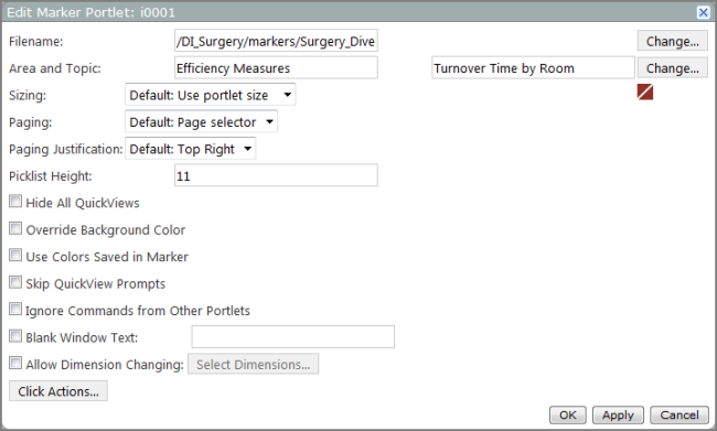An example of an edit marker portlet dialog box showing a selected dive book, area, and topic and other default values.