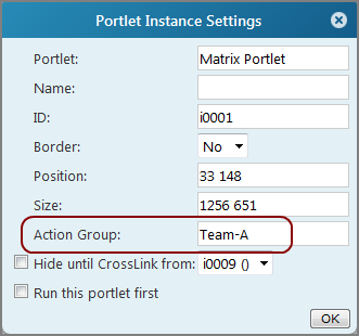 An example of a portlet instance dialog box showing the action group set to Team A.