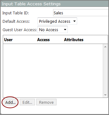 Location of the Add option on the input table access settings dialog box.