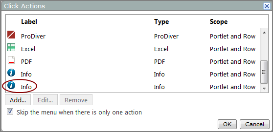 Click actions dialog box showing added Info click action.