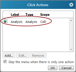 Click actions dialog box showing an analysis click action.