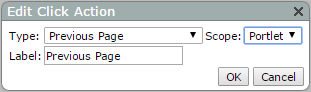 An Edit Click Action dialog box with the Type set to Previous Page.