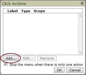 Click Actions dialog box showing the Add option.