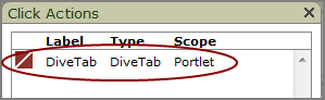 Click actions dialog box showing a DiveTab click action.