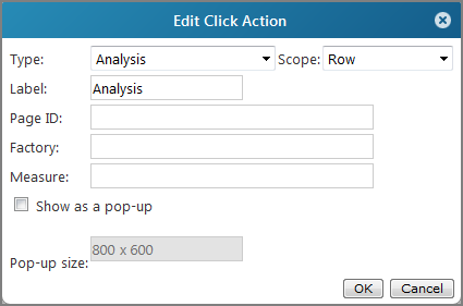 Edit Click Action dialog box showing default values for the Analysis click action.