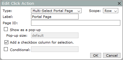 An example of the edit click action, multi-select portal page dialog box.