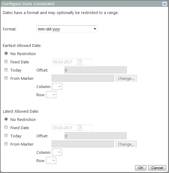 Configure date constraint dialog box.