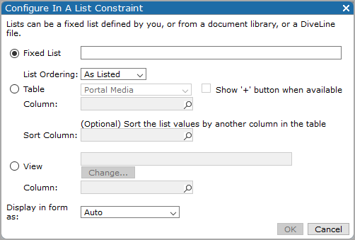 Configure in a list constraint dialog box.