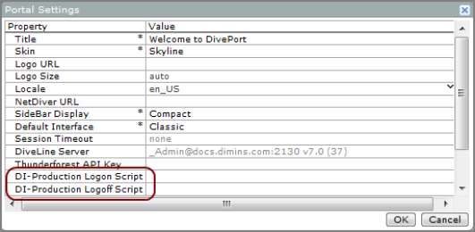 Portal settings dialog box showing the location of the DI production logon script and DI production logoff script options.