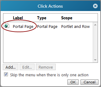 Click actions dialog box showing added portal page click action.