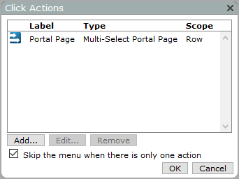 Click actions dialog box showing added multi-select portal page click action.