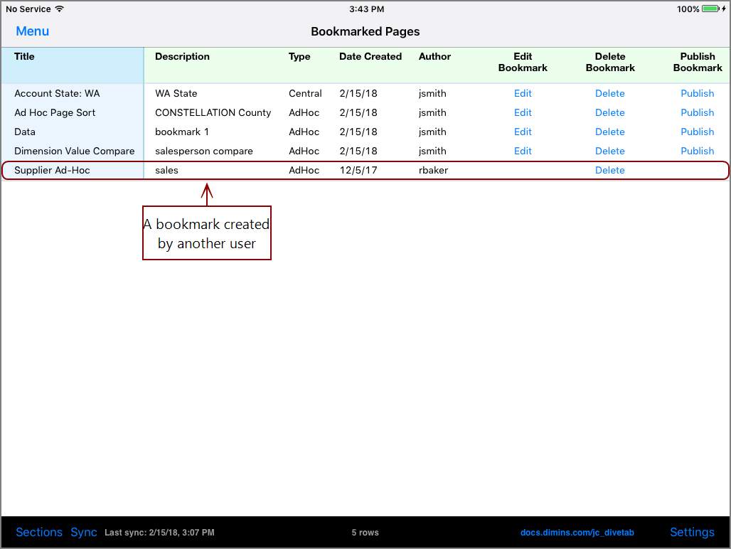 The Bookmarked Pages list of bookmarks.