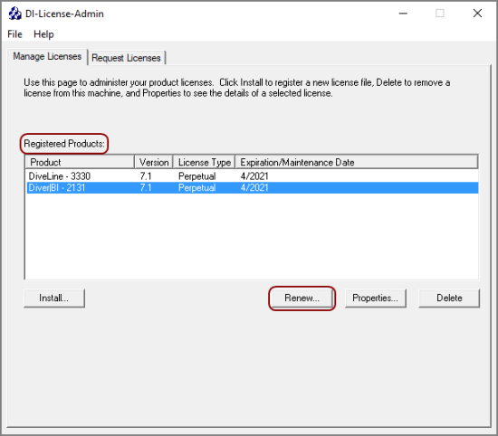 The Renew button on the Managing Licenses tab of DI-License-Admin.