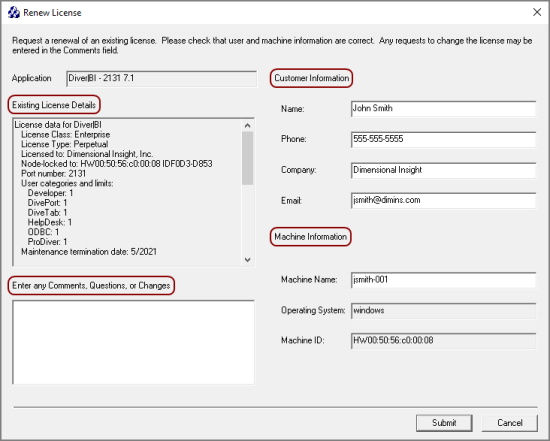 The Renew License window for DI-License-Admin.