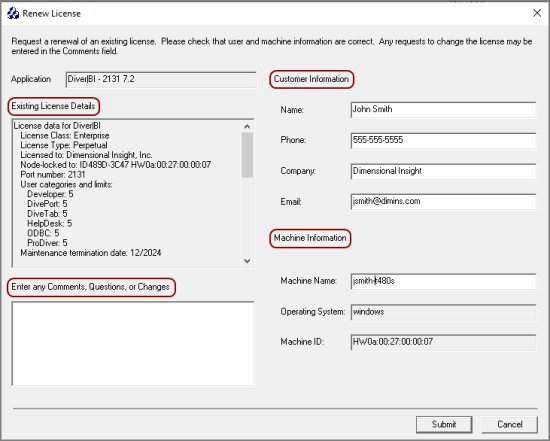 The Renew License window for DI-License-Admin.