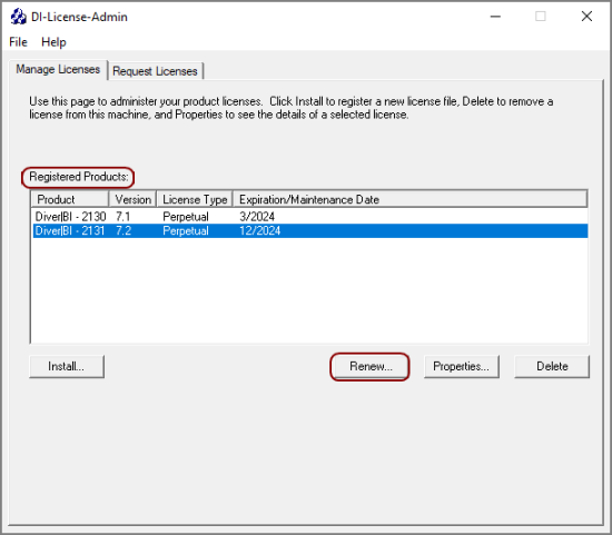 The Renew button on the Managing Licenses tab of DI-License-Admin.