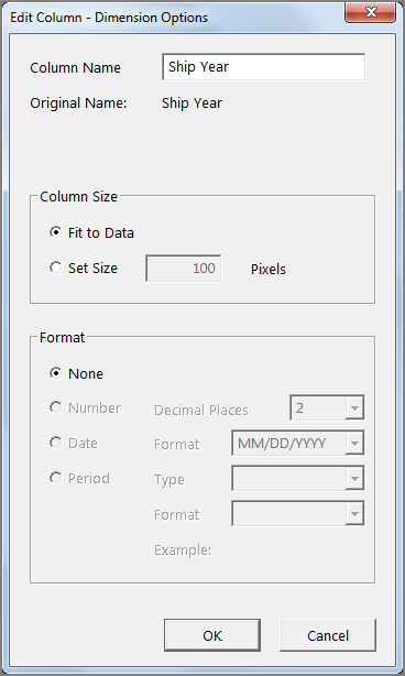 An example of the edit column, dimension options dialog box.