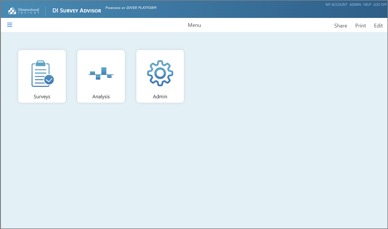The main menu in Survey Advisor.