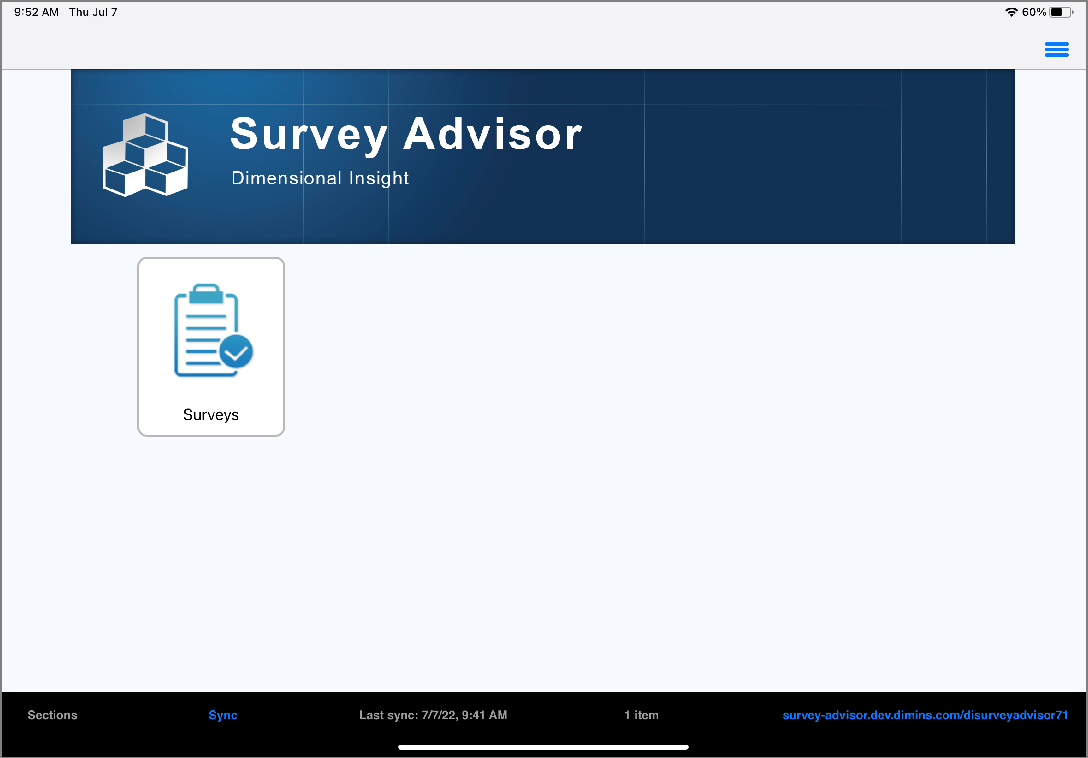 The Survey Advisor main menu for survey takers.