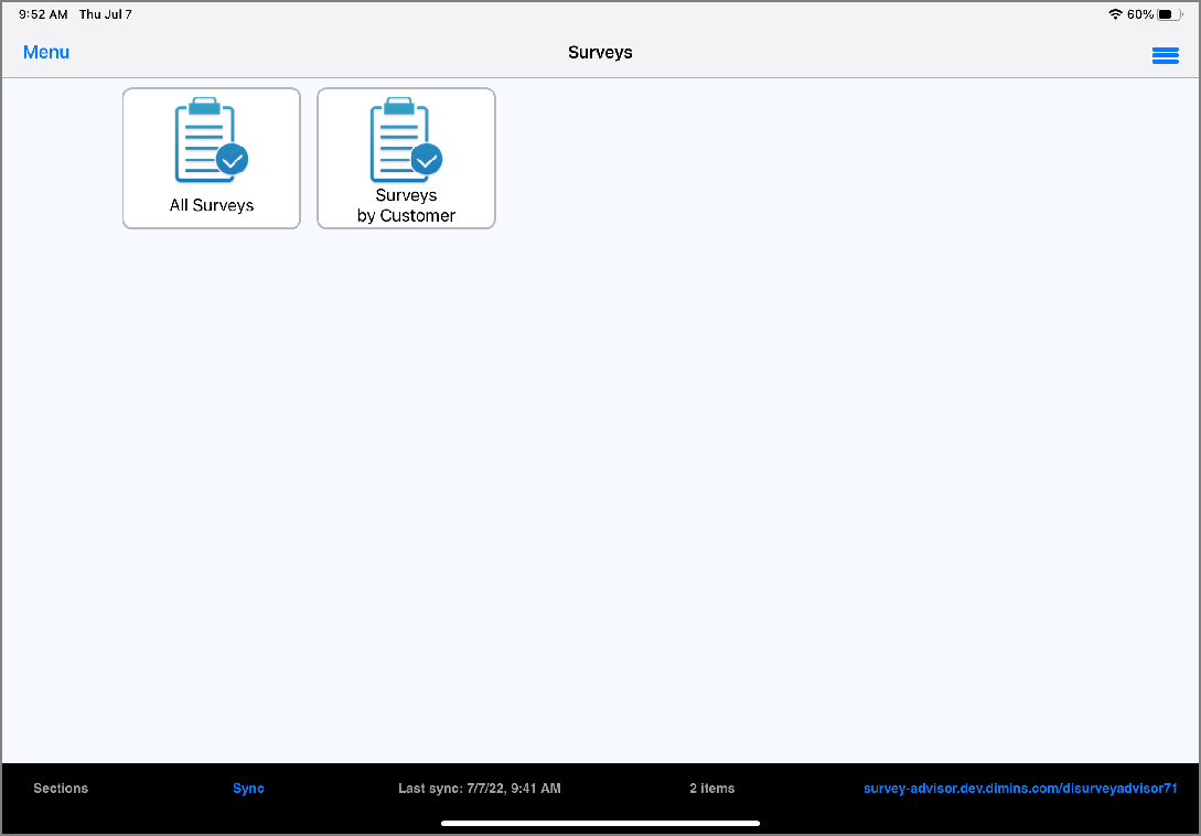 The Surveys menu in Survey Advisor.