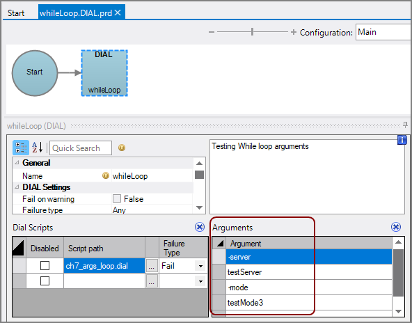 DIAL production node with While loop arguments