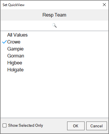 The Set QuickView dialog for QuickView Resp Team.